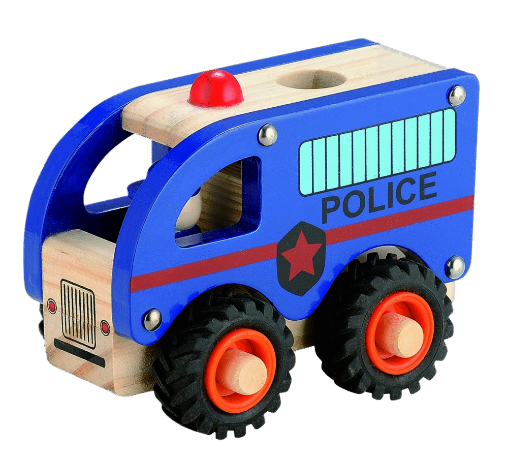 Politibus i træ med gummihjul