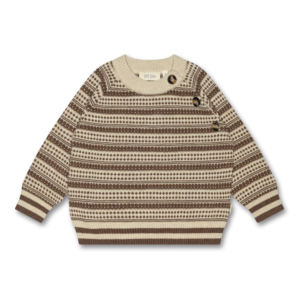 PETIT PIAO O-Neck Light Nordic Knit Sweater - Off white/brown melange 92