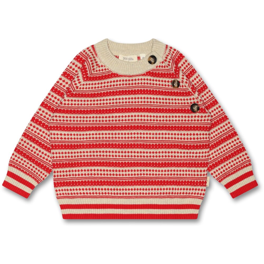 O-Neck Light Nordic Knit Sweater - Off White/ Bright Red - 80
