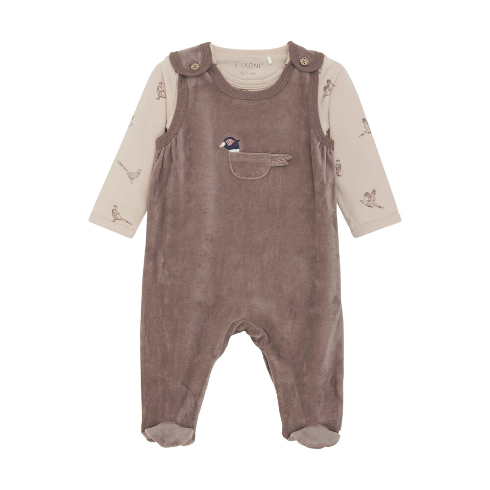 Sæt m. body og velour Sparkedragt - Deep Taupe - 68