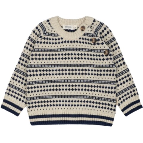 O-Neck Light Nordic Knit Sweater - Off white/deep cobalt