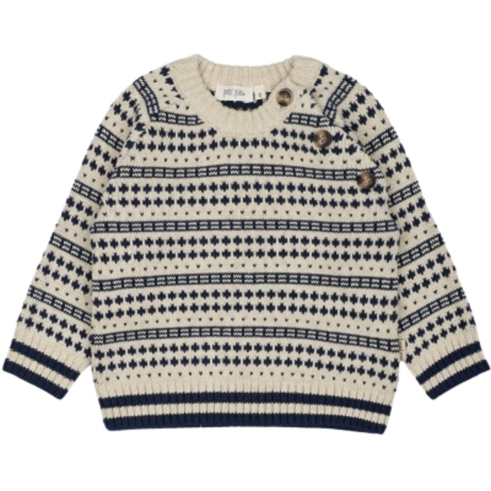 O-Neck Light Nordic Knit Sweater - Off white/deep cobalt - 110